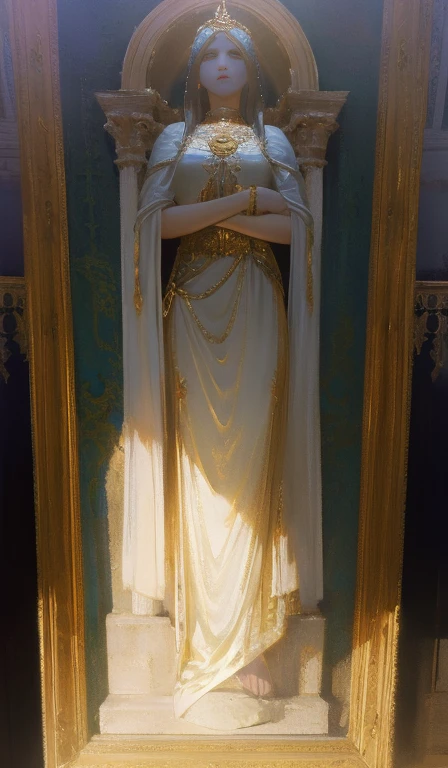 Fantasia, 19th-century, empress, mulher, rosto delicado, cabelo loiro claro, olhos azuis, em um vestido real branco com ombros abertos, gold patterns on fabric, Joias de cristal, com uma fita escarlate no ombro com os trajes do monarca, Gothic castle made of white stone in the background, luz, dia, High definition