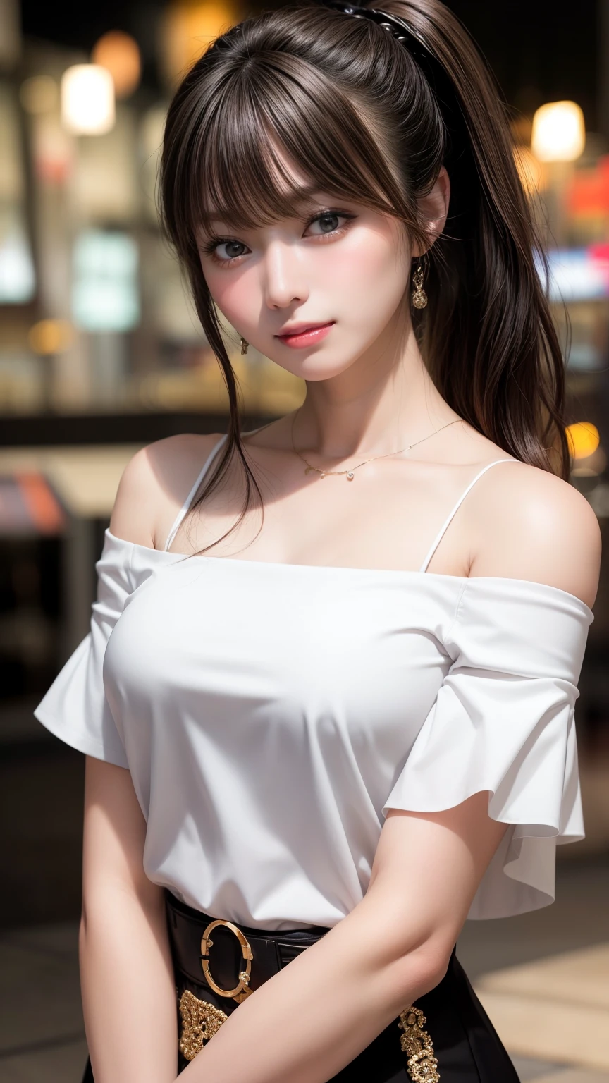 highest quality、Natural Lip、Fair skin、Great light、Beautiful lighting、((Straight hair))、((Ponytail Hair))、((Black Hair))、Blunt bangs、Off the shoulder、Large Breasts、Large Breastsの谷間、White crop top、mini skirt、Gorgeous Accessories、Harajuku at night、smile、かわいいsmile、Crowd in the city at night