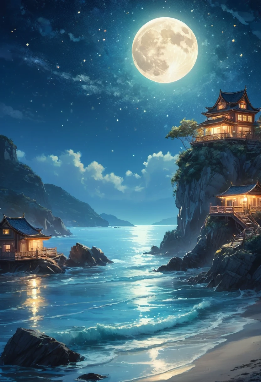Watercolor Landscape, A beautiful painting of seaside under the starry sky, full moon hang on the sky, night, Kongming lights, light effect, fairytales, dreamy, Beeple, artstation, best quality, masterpiece, very aesthetic, perfect composition, intricate details, ultra-detailed