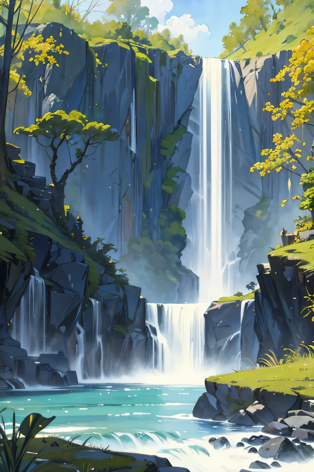 (((Sargent-style watercolor)))、(highest quality、masterpiece)、There is a cliff in front,The background is a waterfall, Waterfall in the distance, Fog from the waterfall, drop down, wonderful, Realistic cinematic visuals, floating waterdrop down, Huge waterfall, Endless Waterfall, Realistic waterdrop down, Waterfall in the background, Epic cinematic sense, drop down. Thick Fog, Ultra-realistic 4K quality, Very wide waterfall