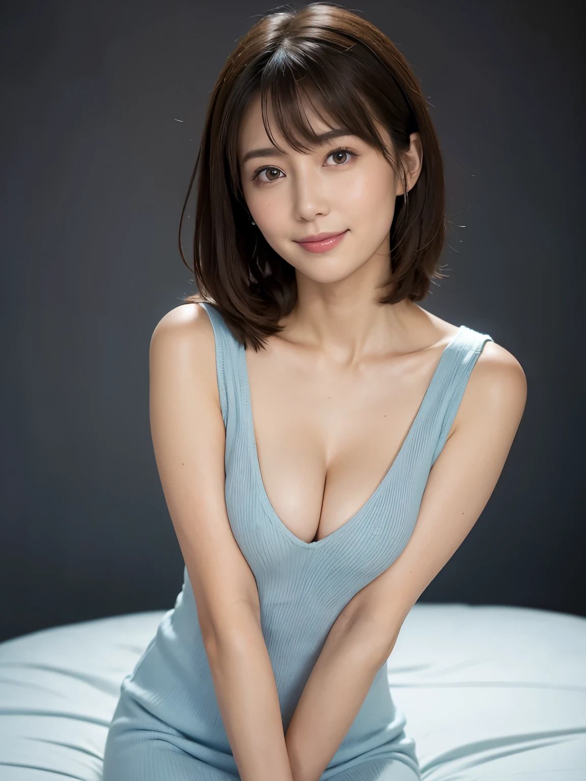 ((Best Quality, 8K, masutepiece, Portrait: 1.3)), (Looking at Viewer),Photorealistic, Sharp Focus, 1 Beautiful Japan Mature Woman, ((Wear only competitive swimwear)), Clothes with Cleavage View, 40 years old, Longhaire, ((Open your legs wide:1.5, Sit on one knee upright:1.5, Show crotch)), (Loose waist:0.5), Darkness Room, (Open mouth:0.7),