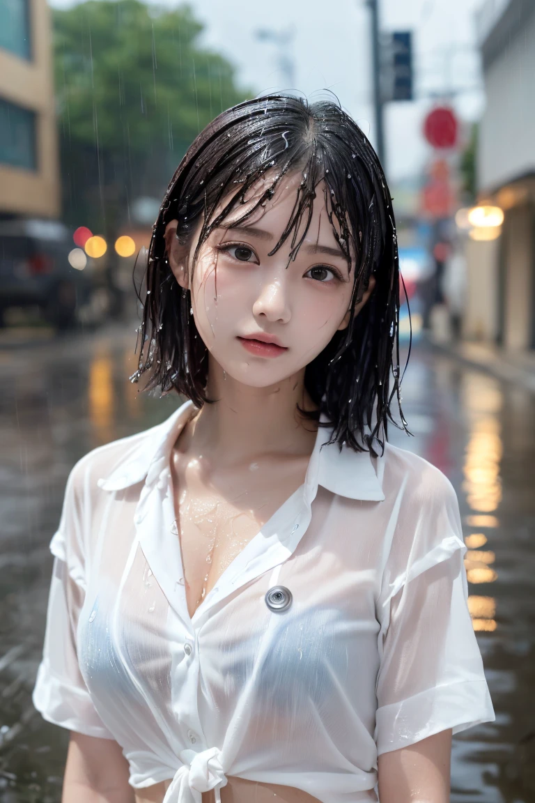 Young Japanese woman standing,  ((On City Street)),  ((Fully clothed)), ((Off-the-shoulder T-shirt dress)),((Barefoot)), blond with short hair, slim build, two tone color hair, mid afternoon, Gray light, Overcast, Detailed background, Dark, busy street, crowding street, Cinematic, pessimistic, Masterpiece,  Best quality, RAW photo, up-close, zoomed,  Photorealistic, ((view the viewer)), Hold yourself, Translucent, dripping wet, beautiful realistic photo, Surreal fantasy photos,  Close up, Tight Frame, 8K, Ultra detailed, Detailed skin, Blue eyes, Dark skin, ((Drenched)), ((Soaked)), (Dripping water), Saggy clothes, wet street, Wet all over, wet dripping hair, angle of view, (posed for photo) Portrait, Close-up, bottom angles, Mist, ((heavy rain)), ((Hazy rain)), Rain on the face, wet face, Shallow depth of field