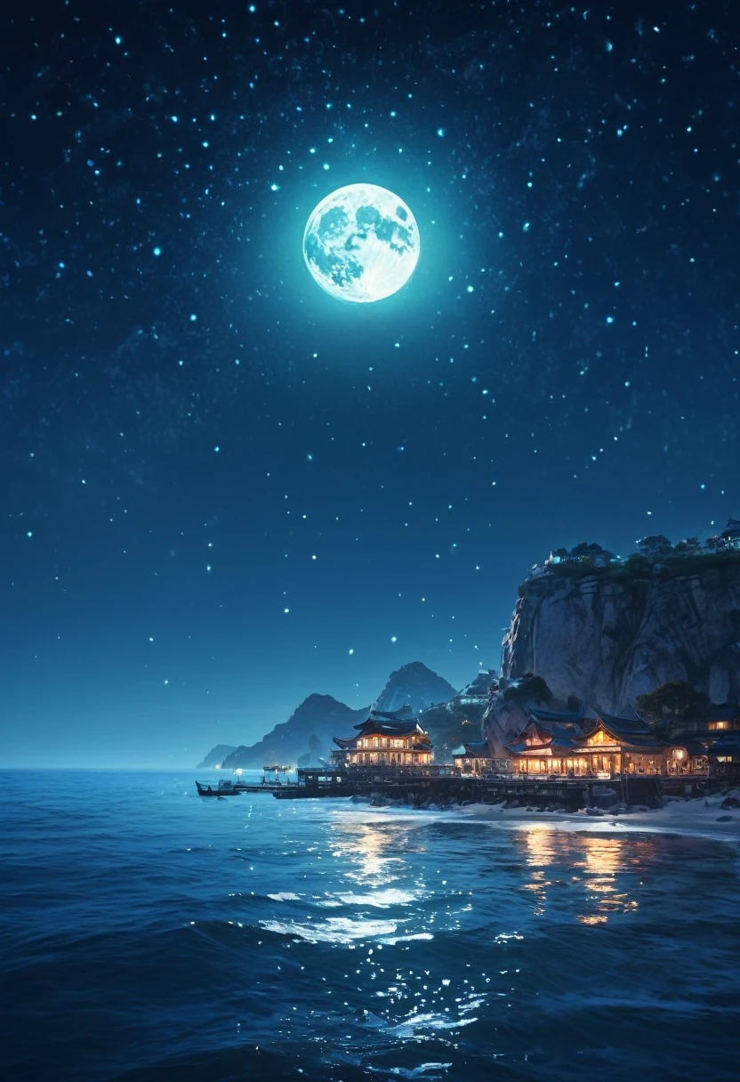 Watercolor Landscape, A beautiful painting of seaside under the starry sky, full moon hang on the sky, Kongming lights, light effect, fairytales, dreamy, Beeple, artstation, best quality, masterpiece, very aesthetic, perfect composition, intricate details, ultra-detailed