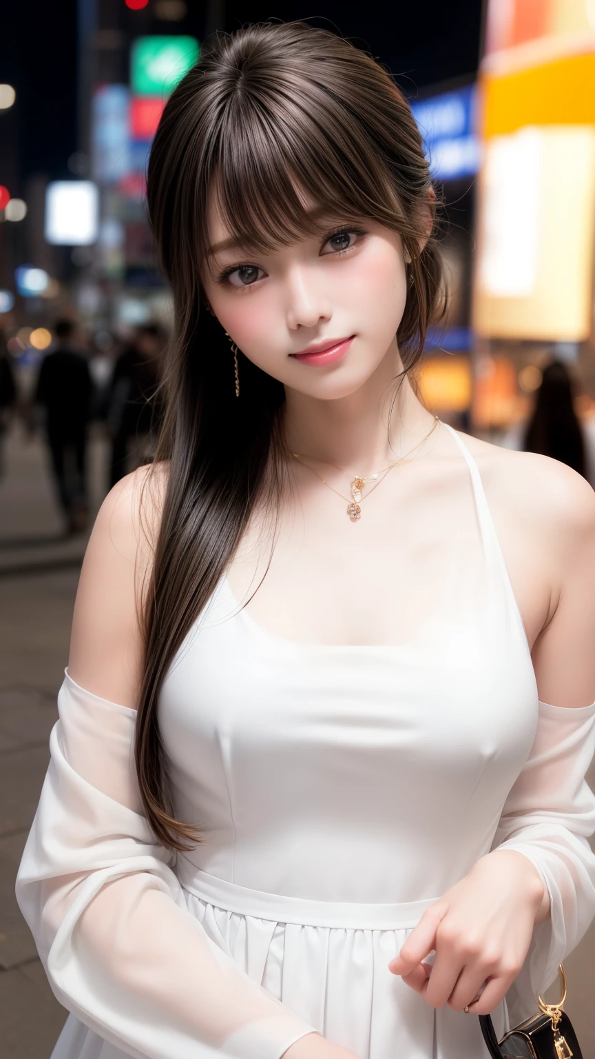 highest quality、Natural Lip、Fair skin、Great light、Beautiful lighting、((Straight hair))、((Ponytail Hair))、((Black Hair))、Blunt bangs、Off the shoulder、Large Breasts、Large Breastsの谷間、White crop top、mini skirt、Gorgeous Accessories、Harajuku at night、smile、かわいいsmile、Crowd in the city at night