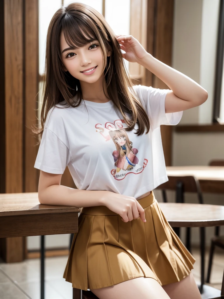 (highest quality, 4k, 8K, High resolution, Tabletop:1.2), Full Body Shot. Super detailed, Realistic:1.37, Light brown hair, Semi-long hair, Asymmetrical bangs, Mature Woman, high school girl, Casual illustration T-shirt, Micro Mini Pleated Skirt, Super super slender body, Shy and cute face, A very happy smile, ((Pose on Salute))