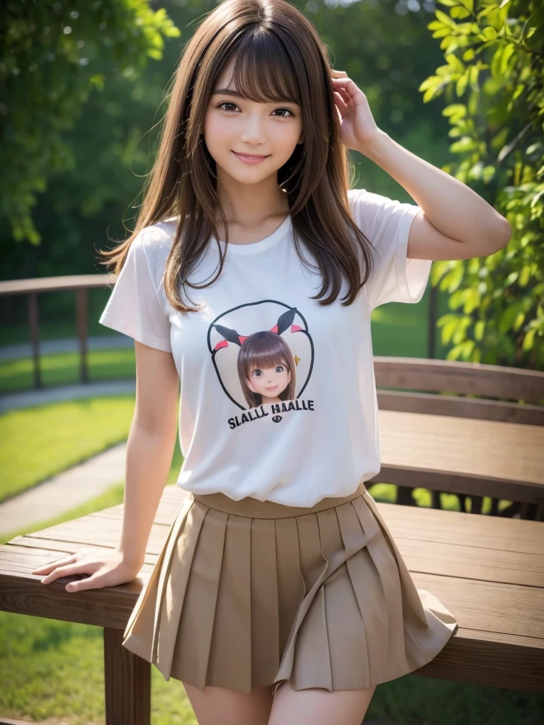 (highest quality, 4k, 8K, High resolution, Tabletop:1.2), Full Body Shot. Super detailed, Realistic:1.37, Light brown hair, Semi-long hair, Asymmetrical bangs, Mature Woman, high school girl, Casual illustration T-shirt, Micro Mini Pleated Skirt, Super super slender body, Shy and cute face, A very happy smile, ((Pose on Salute))