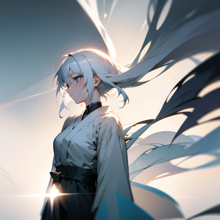 (White-haired girl: 1.2, minimalist: 1.1, Japanese anime, masterpiece, delicate: 1.2, high detail, light and shadow, shadow, fine dust in floating, monochrome background: 0.75)