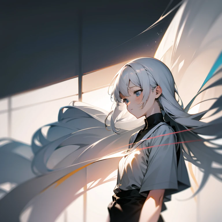 (White-haired girl: 1.2, minimalist: 1.1, Japanese anime, masterpiece, delicate: 1.2, high detail, light and shadow, shadow, fine dust in floating, monochrome background: 0.75)