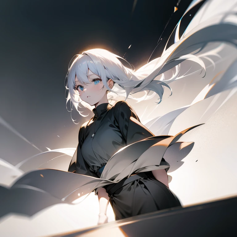 (White-haired girl: 1.2, minimalist: 1.1, Japanese anime, masterpiece, delicate: 1.2, high detail, light and shadow, shadow, fine dust in floating, monochrome background: 0.75)