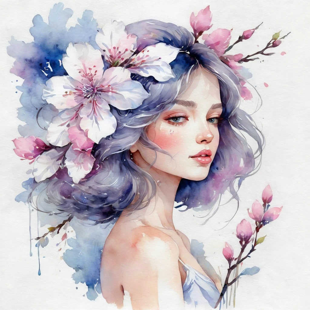 Pintura de uma mulher com blossom flower White pink lilac blue no cabelo, Arte detalhada em aquarela, Pintura digital em aquarela, watercolor illustration, watercolor illustration style, Pintura aquarela, Arte em aquarela, Aquarela digital, Aquarela digital, Mulher nas blossom flower White pink lilac blue, estilo aquarela, Aquarela Artestyle, Belas obras de arte, desenho aquarela, Estilo de pintura em aquarela, Arte de pintura de agua, exquisite digital illustration, efeito aquarela, Rosto feminino expressivo