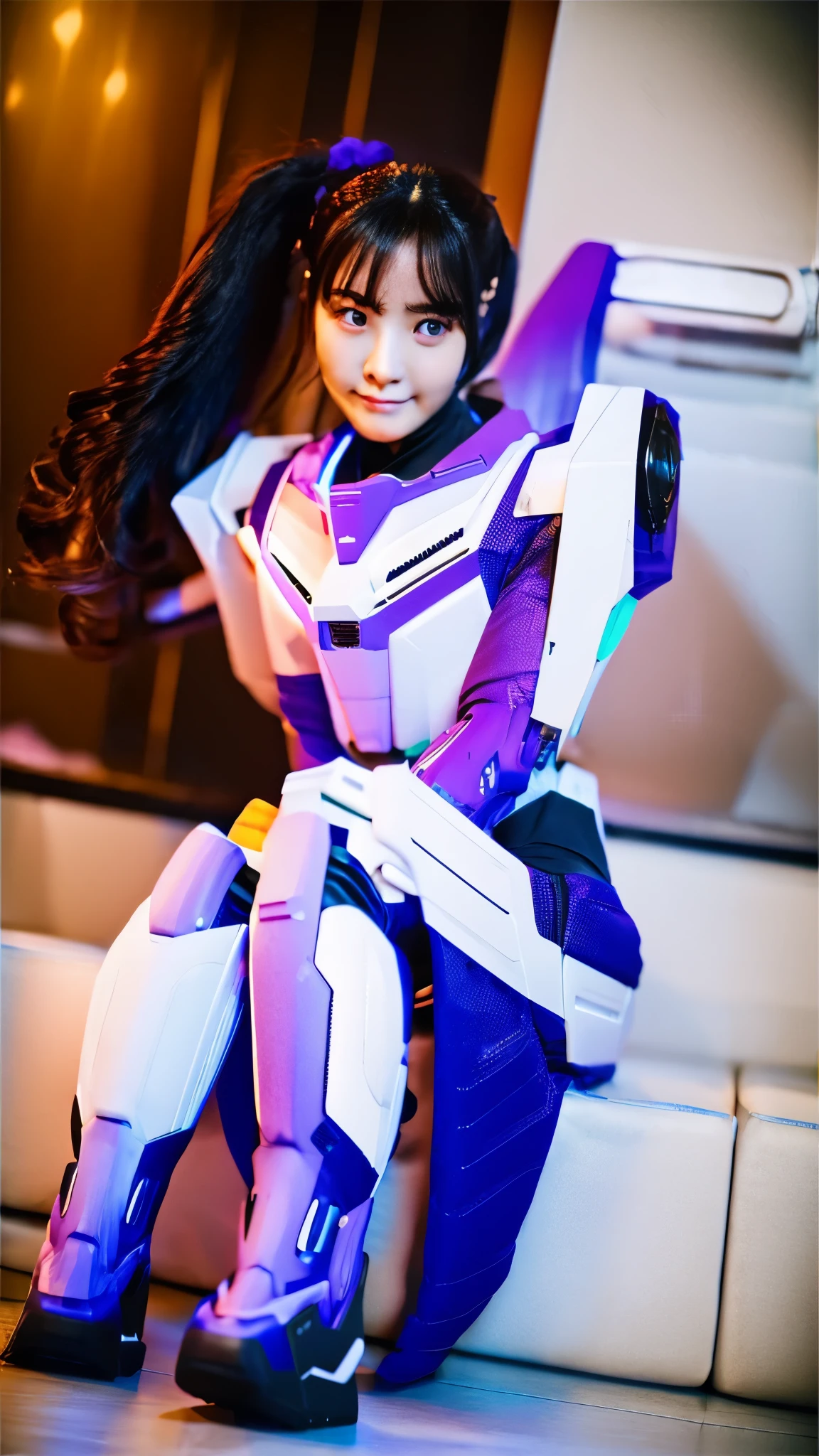 RAW, Masterpiece, Ultra Fine Photo,, Best Quality, Ultra High Resolution, Photorealistic, Sunlight, Full Body Portrait, Stunningly Beautiful,, Dynamic Poses, Delicate Face, Vibrant Eyes, a full body of a woman in a purple and white gundam custume, dybamic pose, long brown very very long hair rapunzel, girl in mecha cyber armor, portrait armored astronaut girl, d. va from overwatch, female mecha, on a gundam, gundam head, chiho aoshima color scheme, mobile suit, streamlined purple armor, fully robotic!! girl, realistic cosplay, gundam armor , full body, sit down, full body