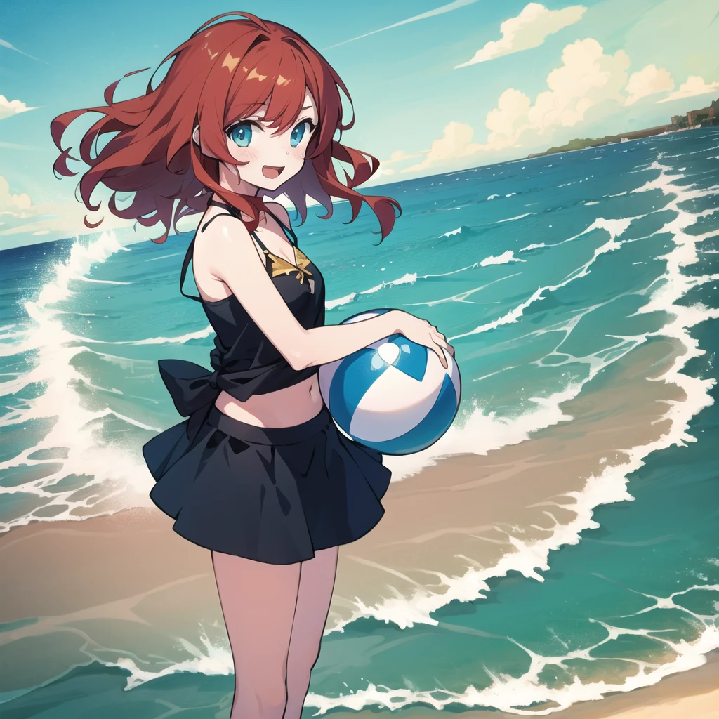 (((masterpiece,best quality,32k))) an image of a cute anime girl with medium red hair, wearing a black ornate bikini with skirt, playing with a colorful beach ball at a sunny beach. She should have big, sparkling eyes and a joyful expression, with the ocean waves and a clear blue sky in the background. ((medium red hair)), ((beach ball)), ((sunny beach)), ((ocean waves)), [clear blue sky]