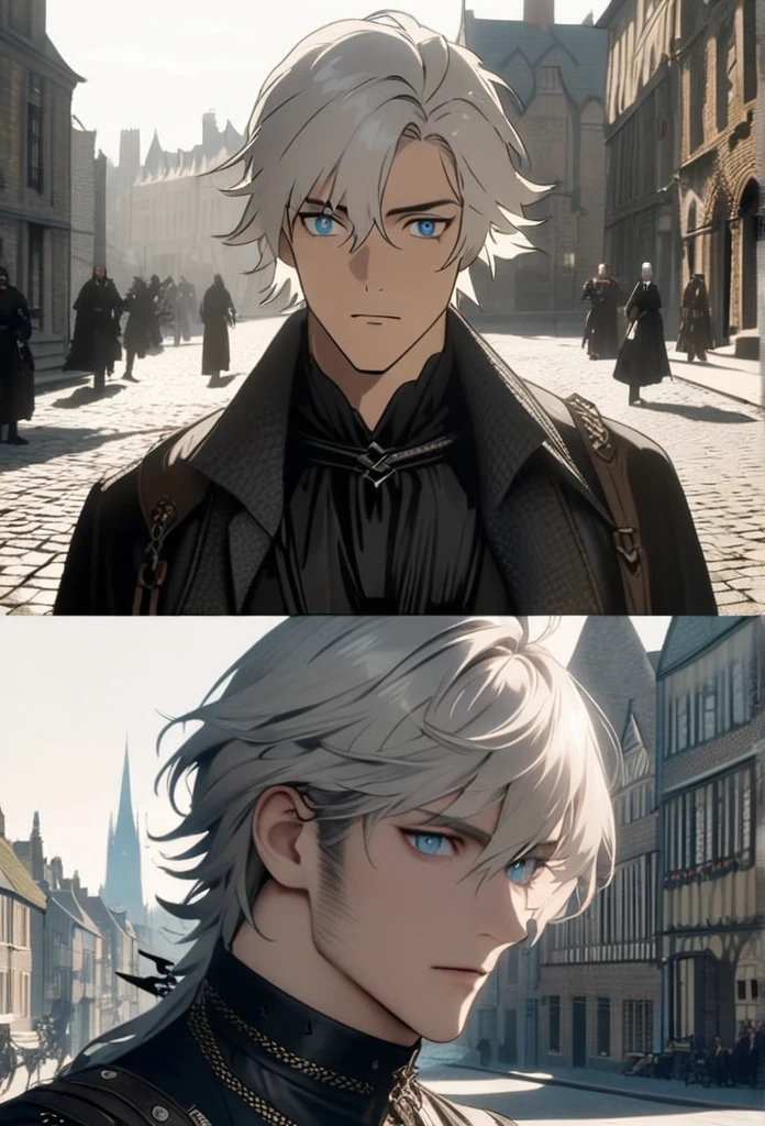 Cinematic shots of historical films, a man, black leather finger less gloves, black shirt, black cargo pants, black engel ring, white hair, short hair, wave hair, long sideburns, blue eyes, handsome, Executor the Ex Foedere , arknights, Victorian London era, Medieval cityscape photography, daytime, close-up