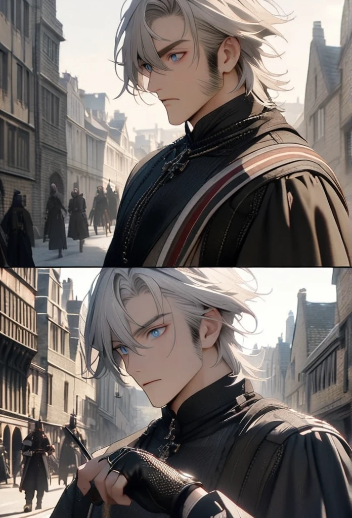 Cinematic shots of historical films, a man, black leather finger less gloves, black shirt, black cargo pants, black engel ring, white hair, short hair, wave hair, long sideburns, blue eyes, handsome, Executor the Ex Foedere , arknights, Victorian London era, Medieval cityscape photography, daytime, close-up