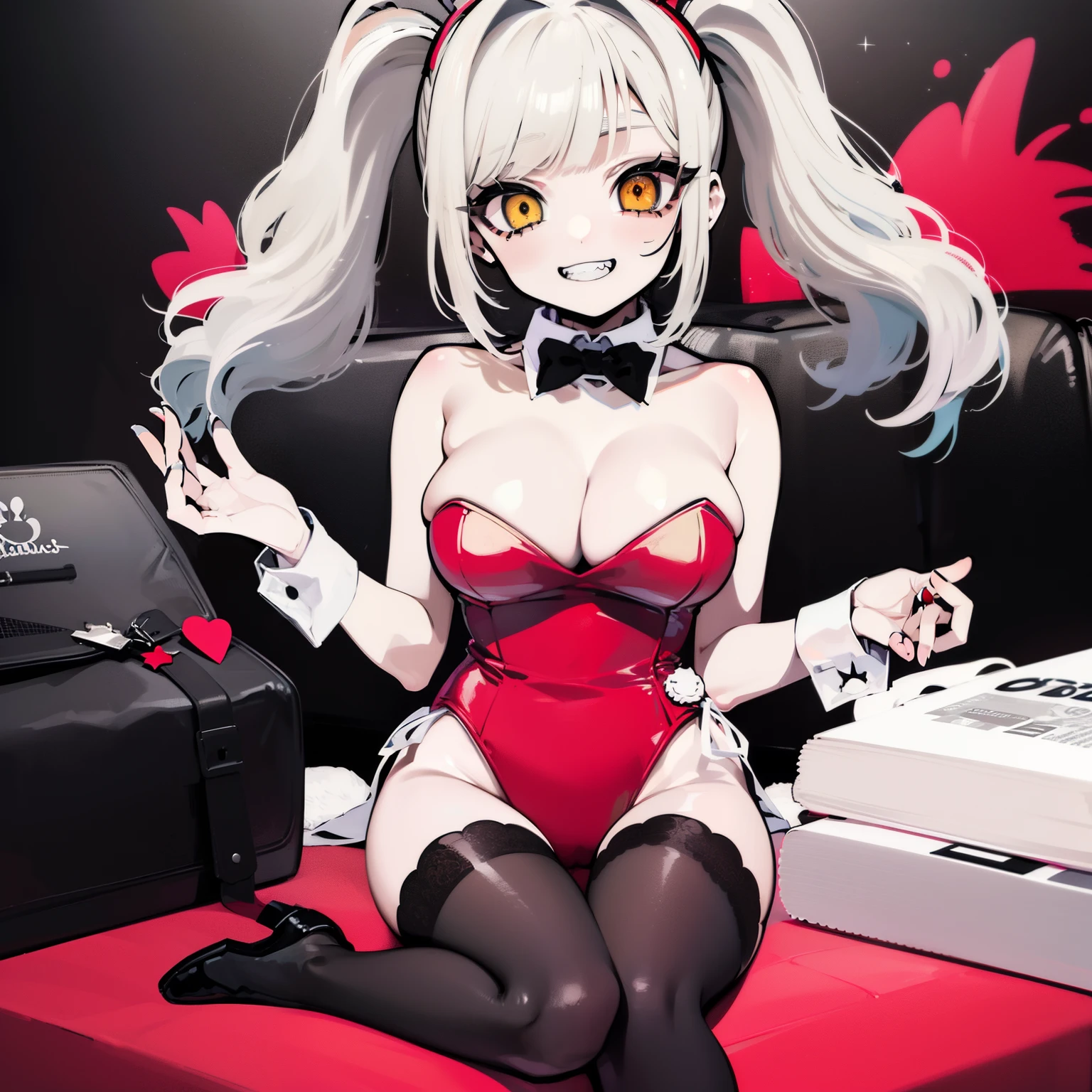 {{{{masterpiece}}}},{{highest quality}},{{Official Art}},{{Highly detailed CG Unity 8k wallpaper}},{{{Art Book}}},One Girl, ((Gray Hair)), ((Messy Hair)), (short hair), ((Twin tails)), ((Diagonal bangs)), Yellow Eyes, Slanted Eyes, teeth, (((A nasty smile, Grin, teeth))), ((playboy bunny)), Spiked Choker, Black shoes, Huge breasts, {{White skin}}, Bright Eyes, Neck wrinkles, alone, Young girl,