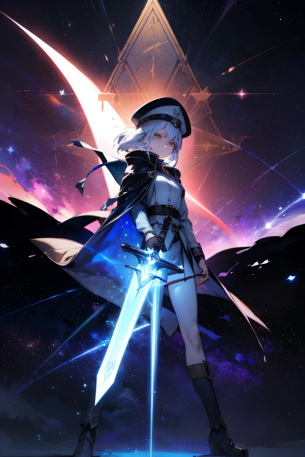 A commander standing under a beautiful starry sky, (((1Female))), warrior, Space Imperial soldier, white hair, wearing a commander hat, wearing a commander uniform, mystical sword, ((Space Fantasy)) wearing a dark mystical cloak, (((powerful leader))), epic, beautiful designed, powerful, sword art stance, in a frontline, war, beautiful colours, contrast, masterpiece