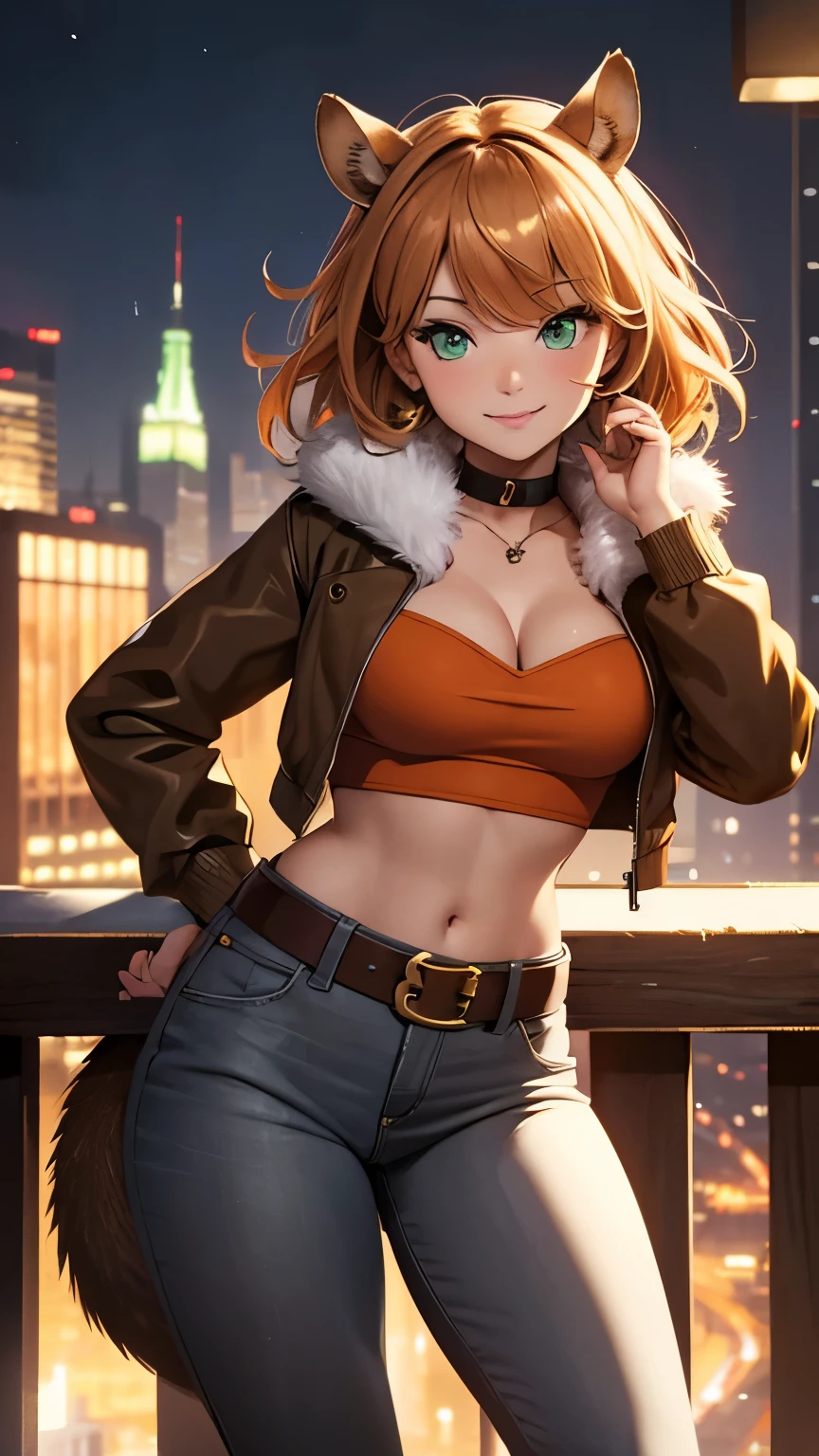 ,(Highly quality, masterpiece, detailed), Night city detailed scenario, Night city detailed background, 20 years old girl, cleavage, smile, green eyes, Squirrel girl, Brown jacket, orange shirt, crop top, gold belt, white pants, boots, fluffy boots, Squirrel tail, Abdomen, Navel, beautiful eyes, perfect eyes, looking at the viewer, Sexy pose