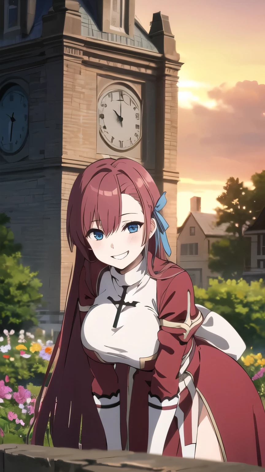 masterpiece, best quality, asuna ichinose, blue eyes, very long red hair, hair ribbon, solo, 1 girl, flower garden, outdoors, standing, cross, bow, grin, floating hair, looking at viewer, massive breasts, big breasts, clock tower, front view, leaning forward, upper body, cowboy shot, sunset,