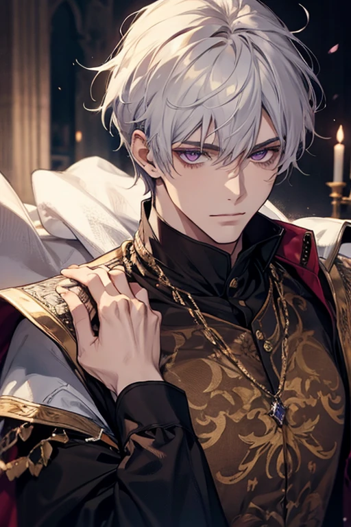 1male, calm, age 35 face, short messy with bangs, white hair, amethyst colored eyes, royalty, prince, black clothes, in a castle, close up, medieval times