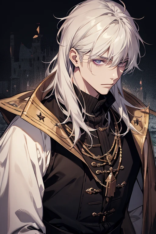 1male, calm, age 35 face, short messy with bangs, white hair, amethyst colored eyes, royalty, prince, black clothes, in a castle, close up, medieval times