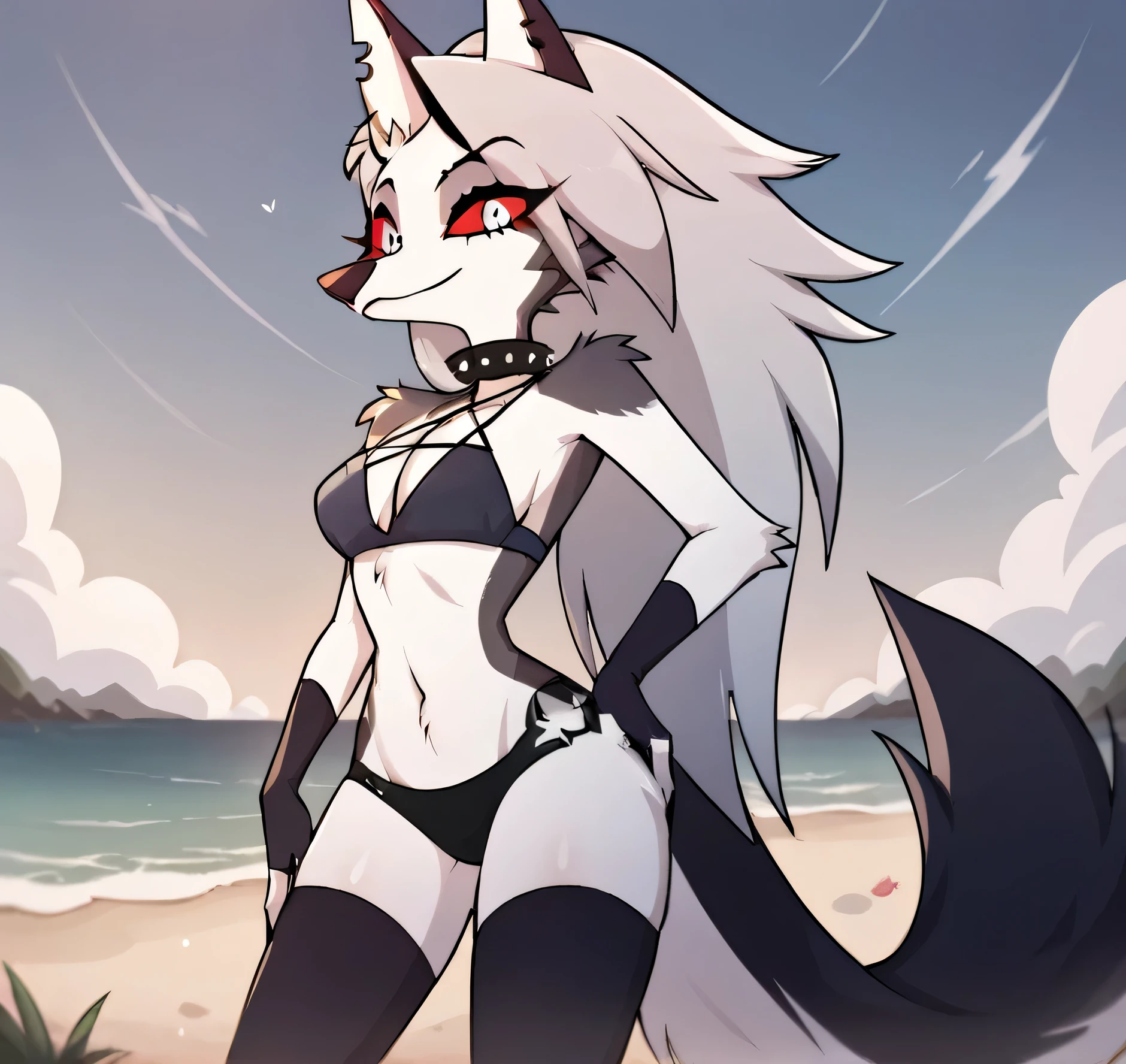 score_9, score_8_up, BREAK, source_anime, (1girl, solo), uncensored, perfect body, slim, thigh highs, fingerless gloves,
anthro, furry, pose, sexy,
Loona \(Helluva Boss\), NSFW, wearing revealing white bikini, On beach