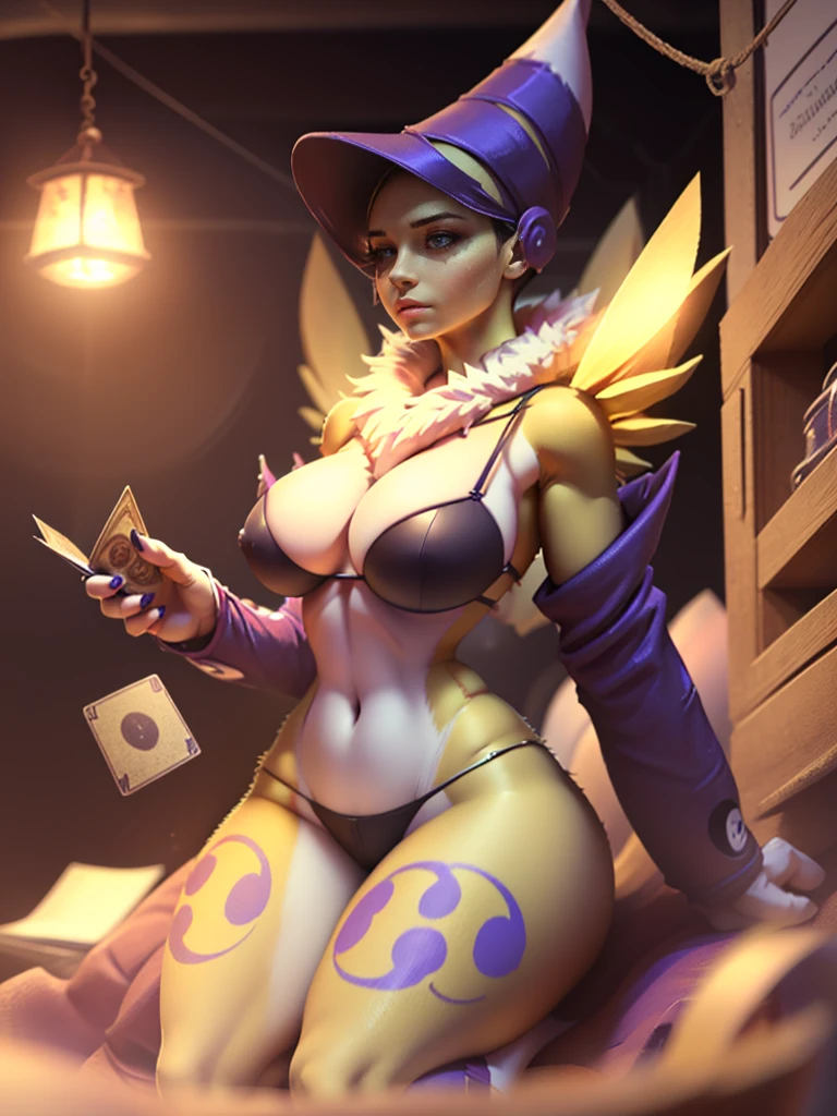 (Obra maestra:1.2), (La mejor calidad:1.2), Perfect lighting, Chica Maga Oscura lanzando un hechizo, In his twenties, flotando en el aire, tetas grandes, escote, blue robe, sombrero grande, desde arriba, Destellos, Yugioh Card en el fondo
