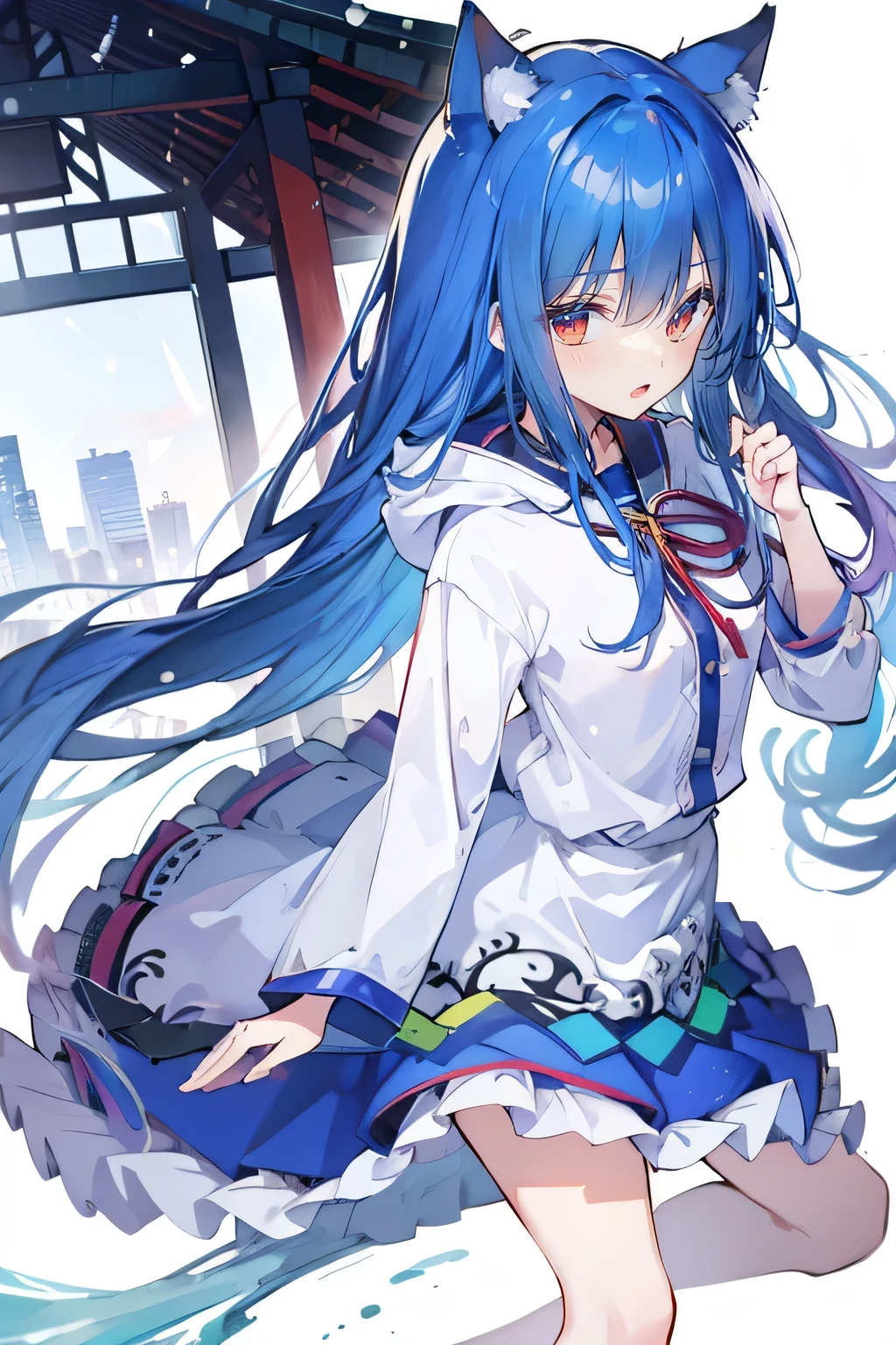 (masterpiece:1.2),Super detailed,lifelike,Expressive eyes,fair skin,perfect face shape,1 girl,
Japanese comics,Gorgeous blue hair,flowing blue hair,flowing clothes,Cat ears,Petals fall,beautiful lola,Baby Angel,
Shaking head with one hand,Cross your legs,Gentle and peaceful background,The pavilion is cool and comfortable,smile, wearing hoodie, background of tokyo,back views,snowing, winter.