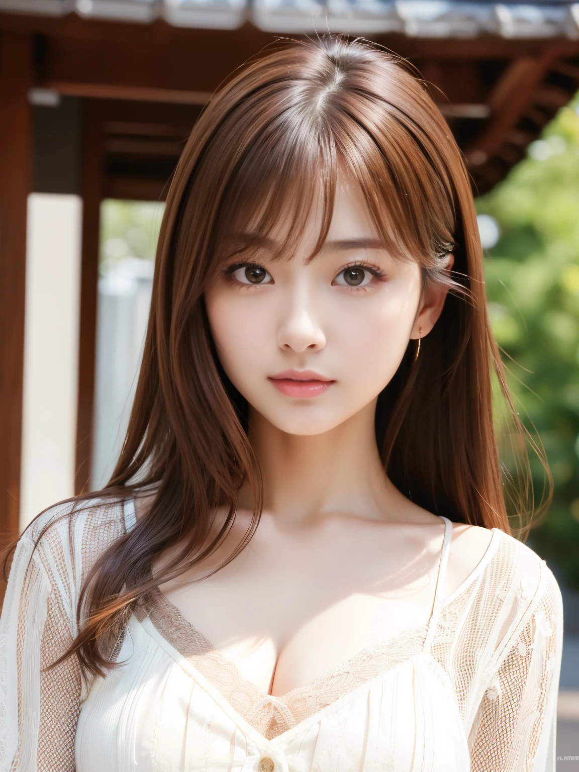 Ultra High Definition, Superior Quality, Premier Quality, ultra detailed, Photorealistic, 8k, RAW Photos, highest quality, masterpiece,  Attractive girl, Stunning girl, Brown Hair, Shoulder Length Layered, Mesh Hair, Japanese Idol, Sophisticated, Stylish, blouse, 