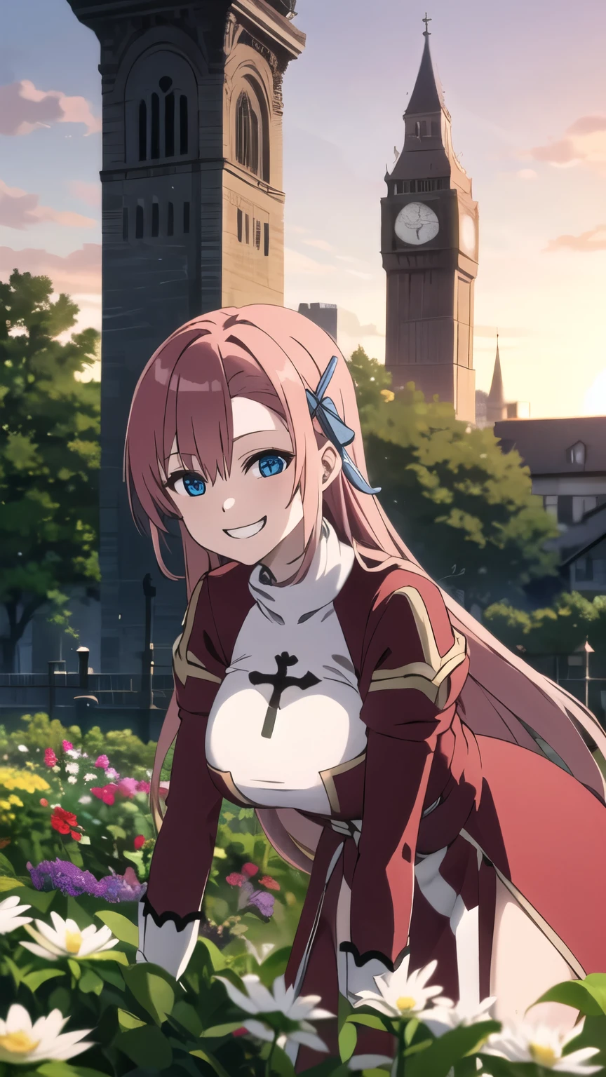 masterpiece, best quality, asuna ichinose, blue eyes, very long red hair, hair ribbon, solo, 1 girl, flower garden, outdoors, standing, cross, bow, grin, floating hair, looking at viewer, massive breasts, big breasts, clock tower, front view, leaning forward, upper body, cowboy shot, sunset,