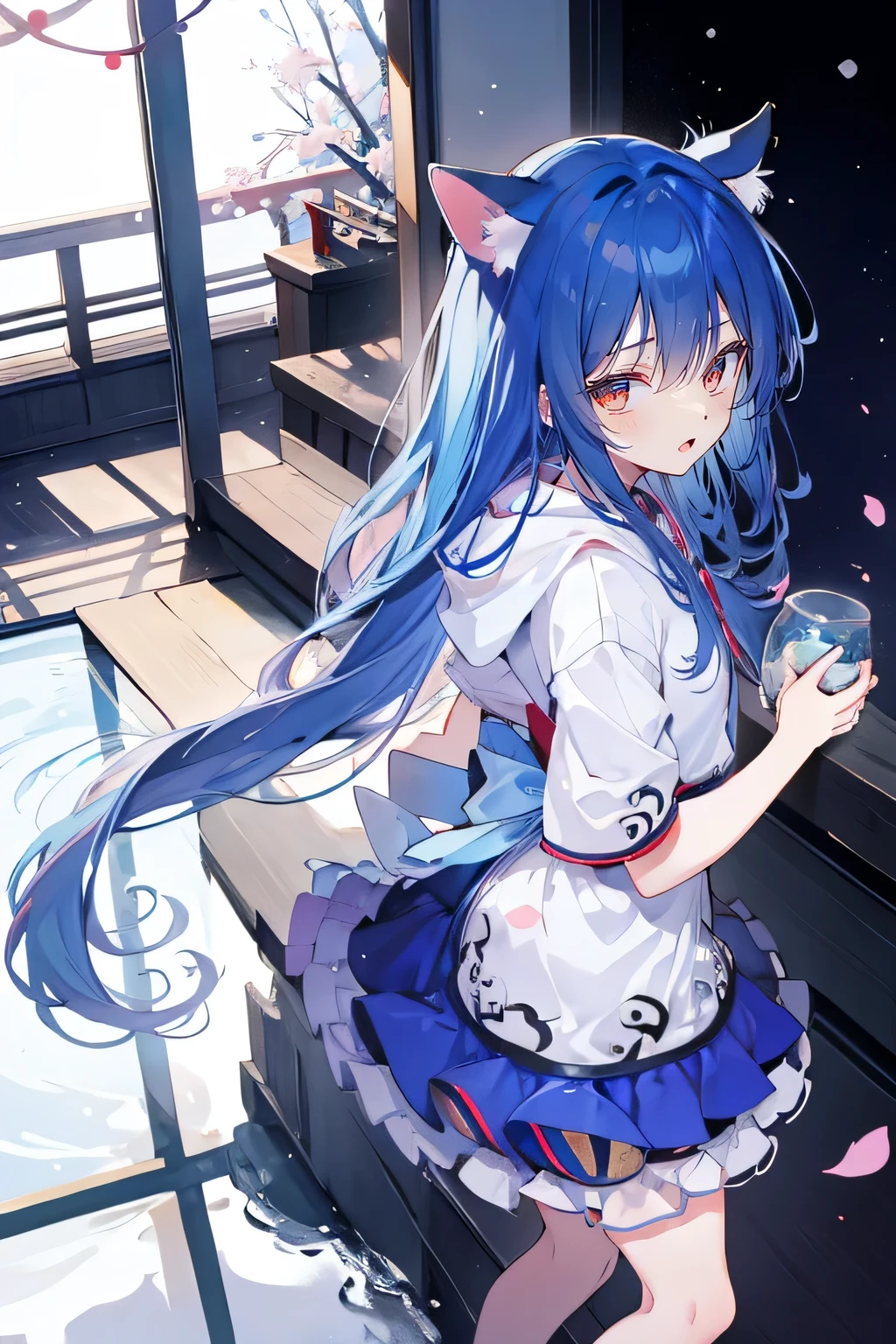 （masterpiece：1.2），Super detailed，lifelike，Expressive eyes，fair skin，perfect face shape，1 girl，
Japanese comics,Gorgeous blue hair,flowing blue hair,flowing clothes,Cat ears,Petals fall,beautiful lola,Baby Angel,
Shaking head with one hand，Cross your legs，Gentle and peaceful background，The pavilion is cool and comfortable,smile, wearing hoodie, background of tokyo,back views,snowing, winter.