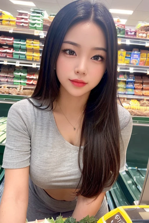 ((1 Cute girl pays the checkout at the supermarket cashier.:1.5)),(wide shot:1.3),eyesight,Looking out on the street, ,18 years old, ponytail, glowing skin, perfect body, correct body, ((correct anatomy:1.37)) , whole body, realistic poses , (((Performance,light gray shirt,unresolved))),(dark blue long track pants:1.3) , ((Supermarket Background:1.39)) , (best quality,10,10,mackerel,masterpiece:1.2),very detailed,(realistic,realistic portrait,realistic:1.37),dynamic angle,face focus,cinematic light,8K resolution, RAW photos,