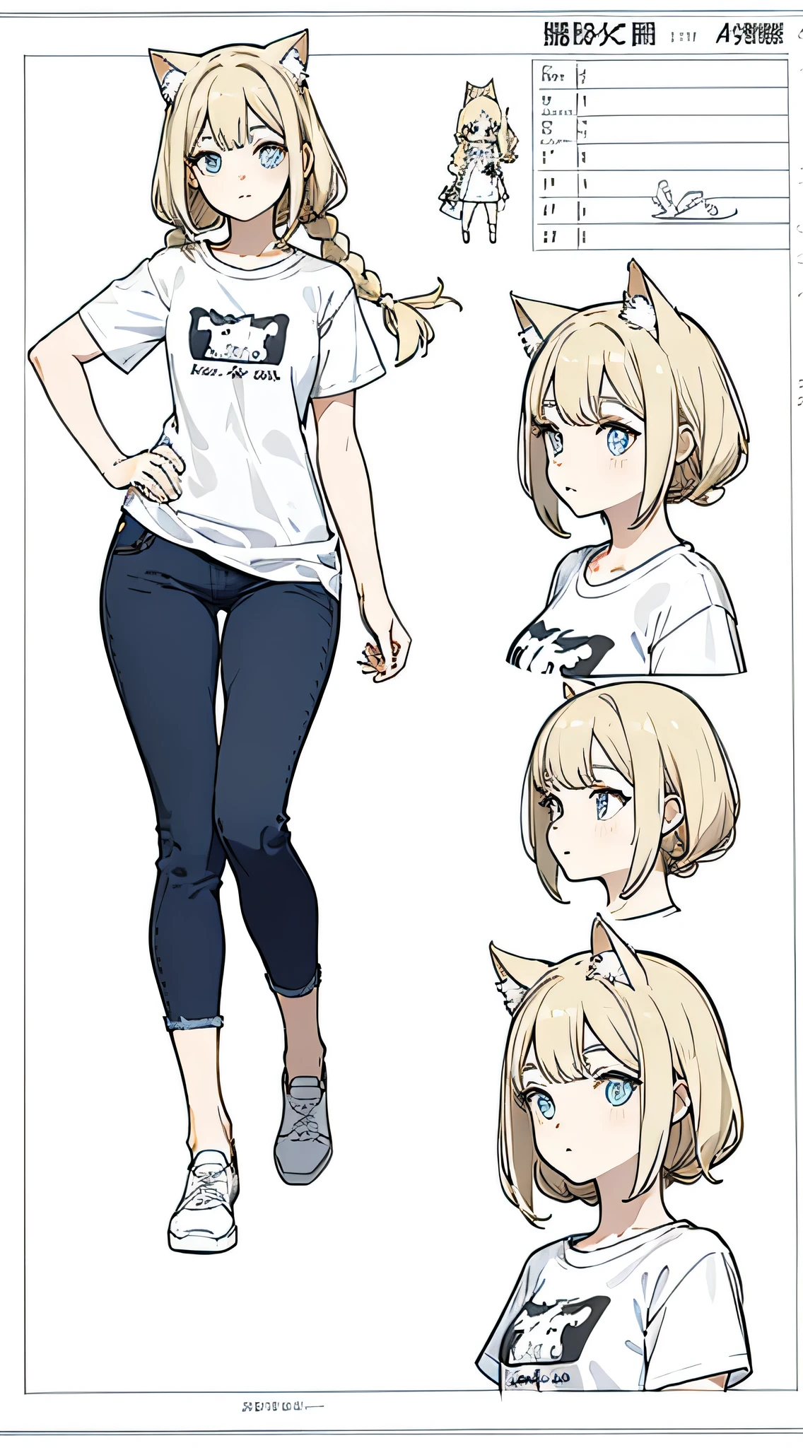 Cat ears, White T-shirt,jeans, City Pop Color, (Character design sheet, front, return, ~ side, same characters), returnground is simple, Twin tails, small, Girl Brat, Thick eyebrows, Narrow waist, Beautiful blonde, Braiding, (masterpiece), ((highest quality)), (Very detailed), girl, (Beautiful Eyes)), Beautiful fine details, Beautiful and detailed face, Five Fingers, Fabric Shading, Perfect Anatomy,