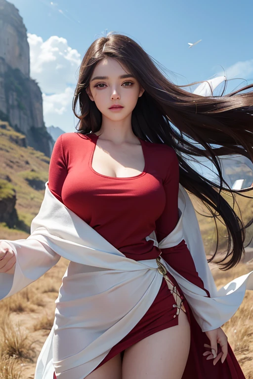 There's a woman who is posing for a photo wearing a red long sleeve t-shirt, nodded, Retrato de Sophie Mudd, (((long straight hair))), ((split cloth)), (blue eyes), (((big breasts))), on a hill, the wind blows, :: (brown hair and a perfect body), impresionante primer plano, cara perfecta, brown hair and big eyes, Kailee Mandel, gran belleza diferente poses, hermosa, cara de angel, bien definida y proporcionada, belleza, diosa, altadefinicion, gran calidad, ((split cloth in the wind)), (long hair in the wind)