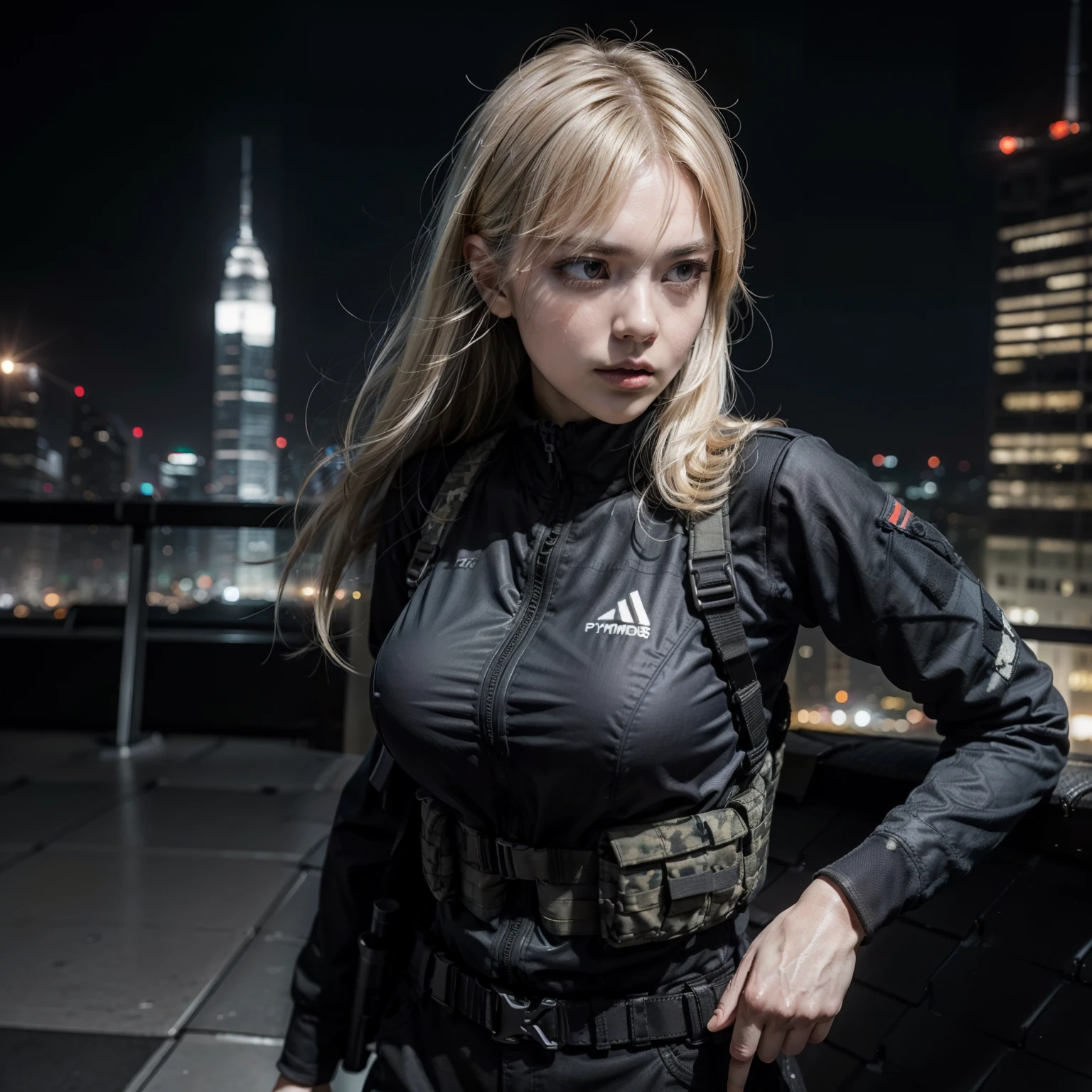 (Trained female soldiers)、((Aim and fire your rifle:1.4、Sniper stance、guns、h&K HK416))、1 Women、thick body、(Black combat uniform)、(platinum-blonde-hair:1.2)、((超A high resolution))、Detail Write、masterpiece、top-quality、extremely details CG、8K picture quality、Cinematographic lighting、lensflare、(Skyscraper rooftop at night:1.4)、Hyper-detailing、((Dynamic Angle Bust Shots:1.4))、Detailed firearm depiction、Rifle with perfect detail、Perfect barrel that does not distort、Fighter in the sky、