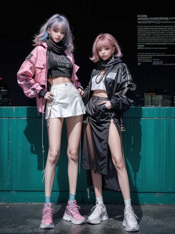 highest quality, Very detailed, masterpiece, Two women posing,(((Perfect female body))),Very beautiful face, Very beautiful body,Gentle expression, Very beautiful eyes,(Perfect Makeup:1.1),Fashion Model,Cyberpunk Fashion,Curly Hair,Shaggy Hair,pink and blue hair:1.3, very thin body,Smart Abs,,(Fractal Gradient:1.3),Tech See-Through Jacket,Monogram skirt,Two-tone high-top sneakers,A kind smile,Full body portrait,(Night in Cyber City), (Shiny skin),(Earrings),Long scarf with elegant pattern,Neon long shawl,