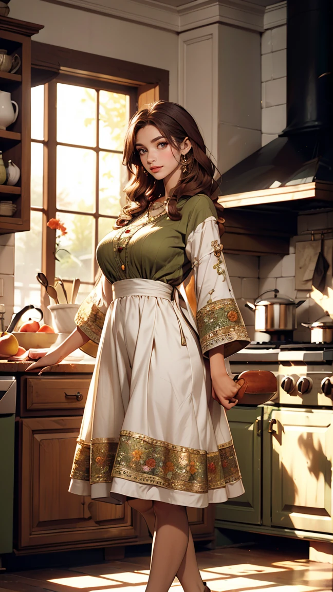 full body shoot, in a kitchen, Luma is a gracious person, She is beautiful、Has a strong attitude, Her breasts are voluminous, Feminine pear-shaped silhouette, Auburn Hair, long Auburn Hair, She has expressive eyes, ( Eyes are olive green) Her skin turns white、Light freckles on the cheekbones。, Big Breasts, farm, Brown rustic clothing, Bohemian style clothing, farm bohemian fashion clothes, Romantic atmosphere, The Light of the Fire, The fire shines, Half of the hair in the flower dress is straight.、Half of the hair has curled ends.。