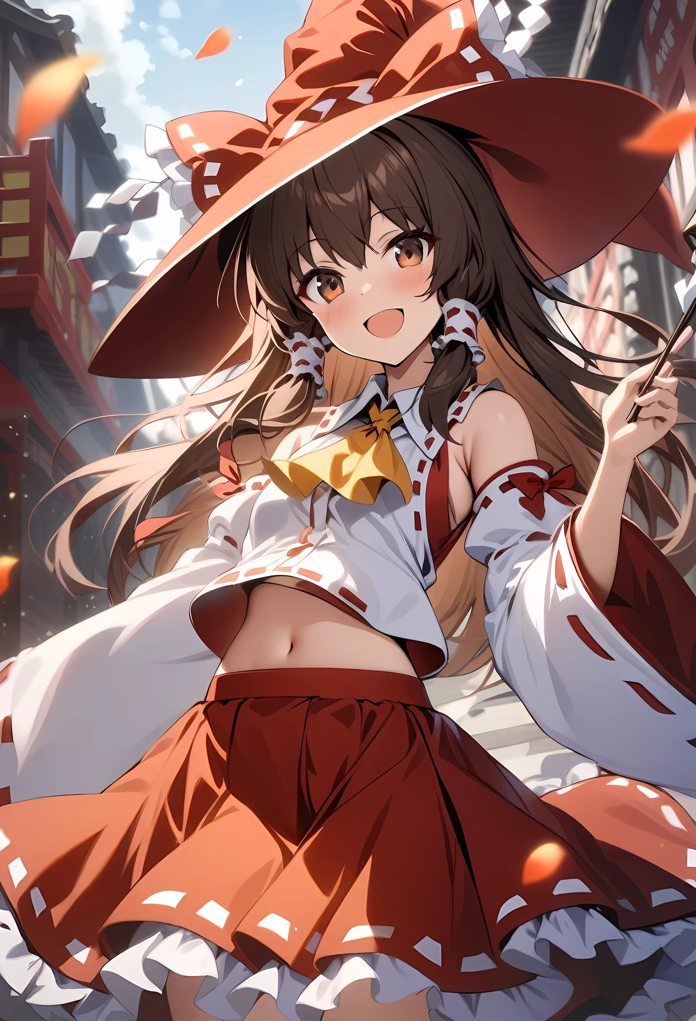 masterpiece, best quality, very aesthetic, absurdres,
touhou, hakurei_reimu, 1girl,bow, brown_eyes, brown_hair, detached_sleeves,frilled_bow, frilled_hair_tubes, frills, gohei, hair_bow, hair_tubes, hat, long_hair, midriff_peek, open_mouth, red_bow, red_skirt, ribbon, ribbon-trimmed_sleeves, ribbon_trim, skirt, skirt_set, smile,witch_hat, yellow_ascot, falling_petals, outdoors, petals,