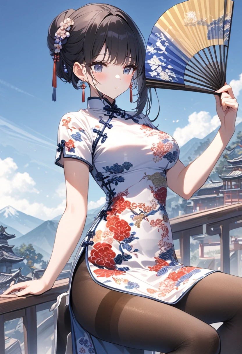 qipao,1 Girl,Black Hair,breast,china skirt,Chinese clothes,skirt,earrings,Floral,Folding fan,slope,slope background,Hair accessories,Hand fan,Keep,Keep fan,Jewelry,long hair,looking at the audience,Pantyhose,Paper fan,print skirt,Solitary,thighband Pantyhose