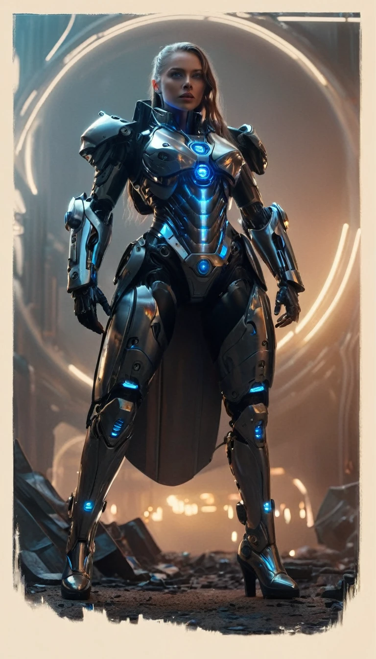 (best quality,4k,8k,highres,masterpiece:1.2),ultra-detailed,(realistic,photorealistic,photo-realistic:1.37),futuristic female cyborg,portrait style,metallic material,glowing blue eyes,sharp facial features,fierce expression,mechanical body parts,digitally enhanced long hair,futuristic armor,high-tech visor,powerful and confident stance,dystopian background,neon lights,colorful holographic projections,sci-fi lighting