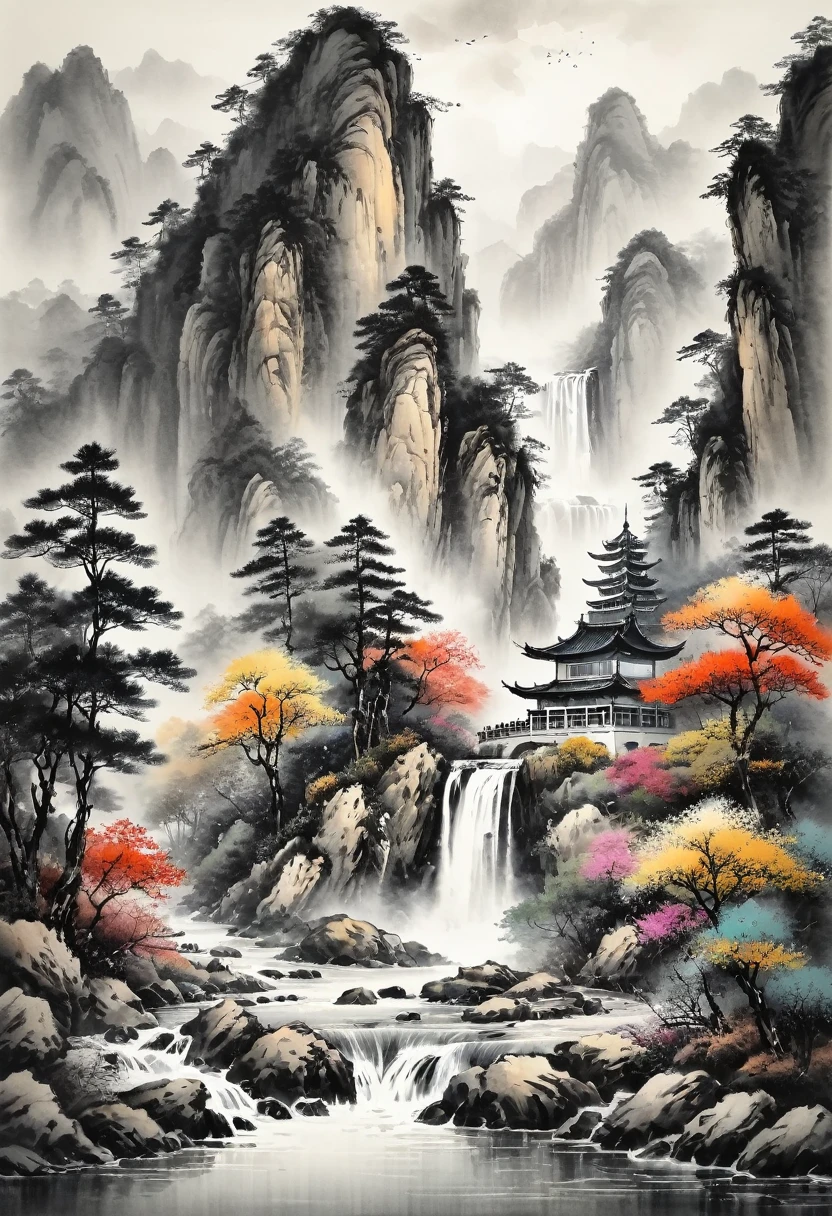 Watercolor Landscape, Colorful Chinese Painting, a Chinese painting of a mountain landscape with trees and a waterfall, monochrome, ultra-high resolutions, best quality, masterpiece, very aesthetic, perfect composition, intricate details, ultra-detailed