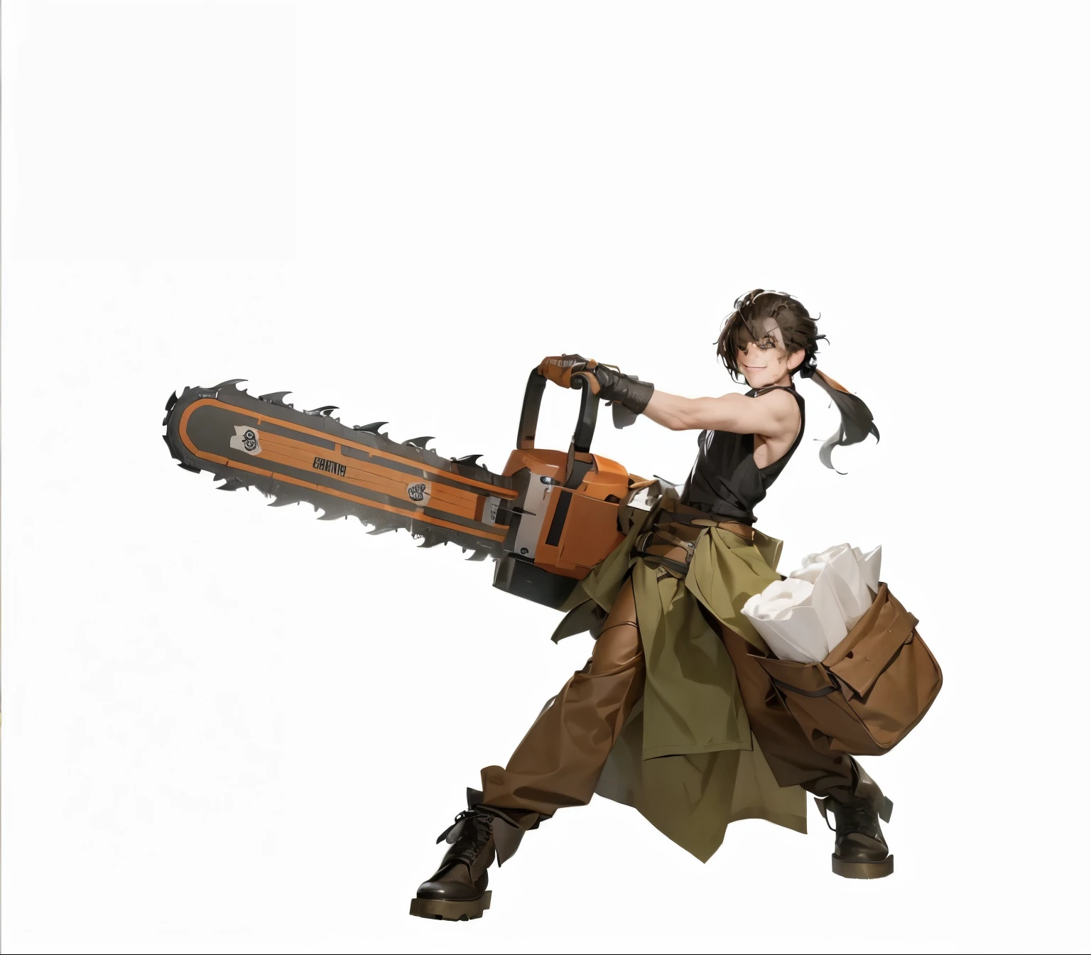 1 Boy, A head of broken hair,Smile,Two-handed chainsaw,Wearing work clothes,clothes tied around waist,Leather gloves on hands,Leather construction shoes,Clear structure,Dynamic shots,dynamic poses,Realistic portrayal,Exquisite,Outstanding quality,There is a big bag on the leg,Toilet paper in the bag,Lumberjack,Chainsaw,Wood saw