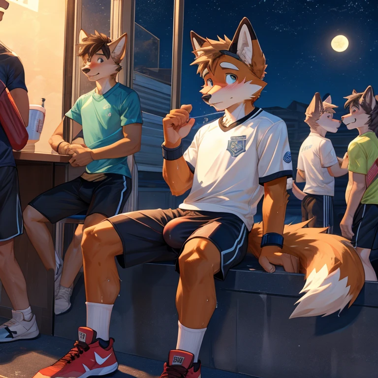 furry fox, , teenagers, dirty, after sports, sweaty, black long gym shorts, Nike brand, sports clothes, erected (bulge), covered erection, shy, public space, very horny, huge bulge (erection under shorts), gay, sit beside friend who is also erected after sports, erection, precum stain, huge erection under shorts (covered), sweaty, big erection under shorts, embarrassed, slim and fit, young, at night, fetish for sports shorts, teasing