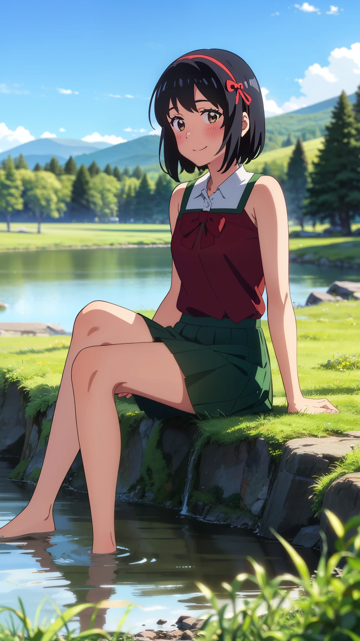 shinkai makoto, kimi no na wa., 1girl, bangs, black hair, blush, brown eyes, shinny skin, red headband, red bow, red ribbon, green sundress, green skirt, plaid skirt, bare shoulders, bare-legged, short hair, smile, cute, solo, happy, sitting by the river, forest, nature, current, night, night sky, the grass glows blue