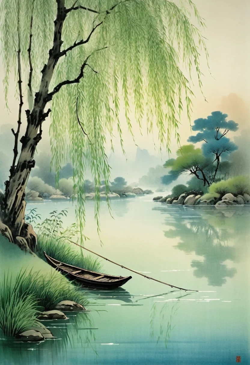 Watercolor Landscape, An ancient Chinese poem"A lush willow, The weeping willow hung on the water" is a poetic masterpiece With the rhythm of the water as its guide it sails into the night, side by side, The use of light green soft blue, tinted in Chinese red and muted earth tones creates a harmonious balance Depicted in The Tang Dynasty style, best quality, masterpiece, very aesthetic, perfect composition, intricate details, ultra-detailed