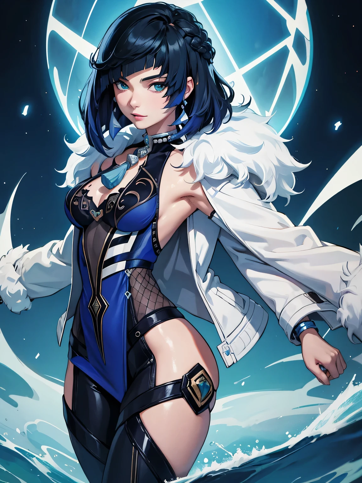 [yelandef]:1.5,((masterpiece,highest quality,Detailed images,Beautiful images))1.4(1girl,solo)(Picture of Yelan holding a dice、smile、church、morning、Water Drop、Snowstorm、Blue glowing line、Bright lighting overall、Backlight、A fantastic atmosphere、Thick Fog)1.1(Beautiful body lineedium beauty breasts、Beautiful side breasts)
