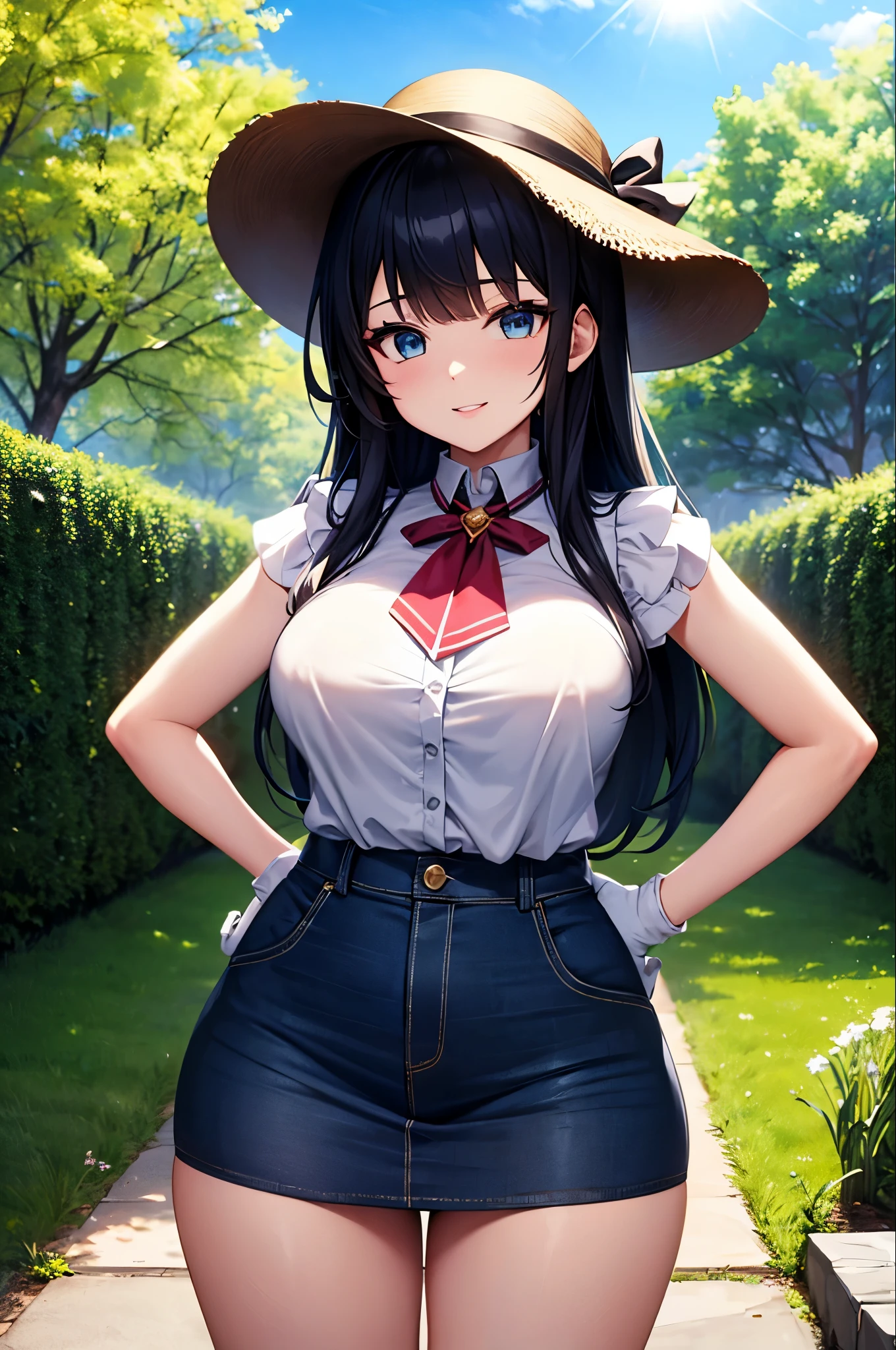 best quality, 8k , super fine illustration, extremely detailed CG ,masterpiece, beautiful anime style woman , 1 female、solo、Age 25、long hair、 Black Hair、Blue Eyes、bangs、blouse、白いblouse、Denim skirt、mini skirt、gem、Brooch Pointed Nose、Thin lips、smile、 Medium breast、Outdoor、(squirt:1.2)、garden、(Are standing)、hat、麦わらhat、blue sky、sunlight、gloves、白いgloves、 Hands on hips、from the front、Female Focus 、Looking at the audience、Cowboy Shot、Slow Shutter Speed,telescope lens、Lens flare