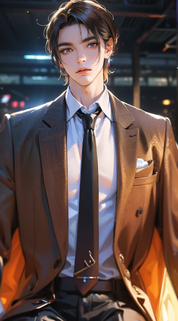 (absurdres, highres, ultra detailed, realistic, ), 1 male, solo, adult, mature, tall muscular guy, ,sitting on a sofa,cross-legged, broad shoulders, handsome, very short hair, black hair, brown eyes, angular jaw, thick neck, thick eyebrows, night, dark, the night view of the city background, formal suit, necktie, upper body