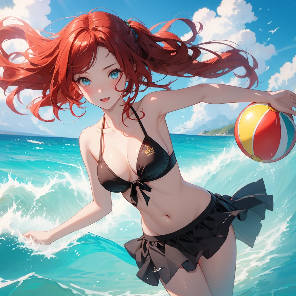 (((masterpiece,best quality,32k))) an image of a cute anime girl with medium red hair, wearing a black ornate bikini with skirt, playing with a colorful beach ball at a sunny beach. She should have big, sparkling eyes and a joyful expression, with the ocean waves and a clear blue sky in the background. ((medium red hair)), ((beach ball)), ((sunny beach)), ((ocean waves)), [clear blue sky]