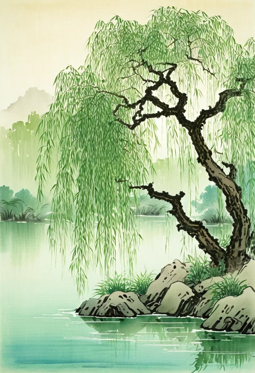 Watercolor Landscape, An ancient Chinese poem "A lush willow, The weeping willow hung on the water" is a poetic masterpiece With the rhythm of the water as its guide it sails into the night, side by side, The use of light green soft blue, tinted in Chinese red and muted earth tones creates a harmonious balance Depicted in The Tang Dynasty style, best quality, masterpiece, very aesthetic, perfect composition, intricate details, ultra-detailed