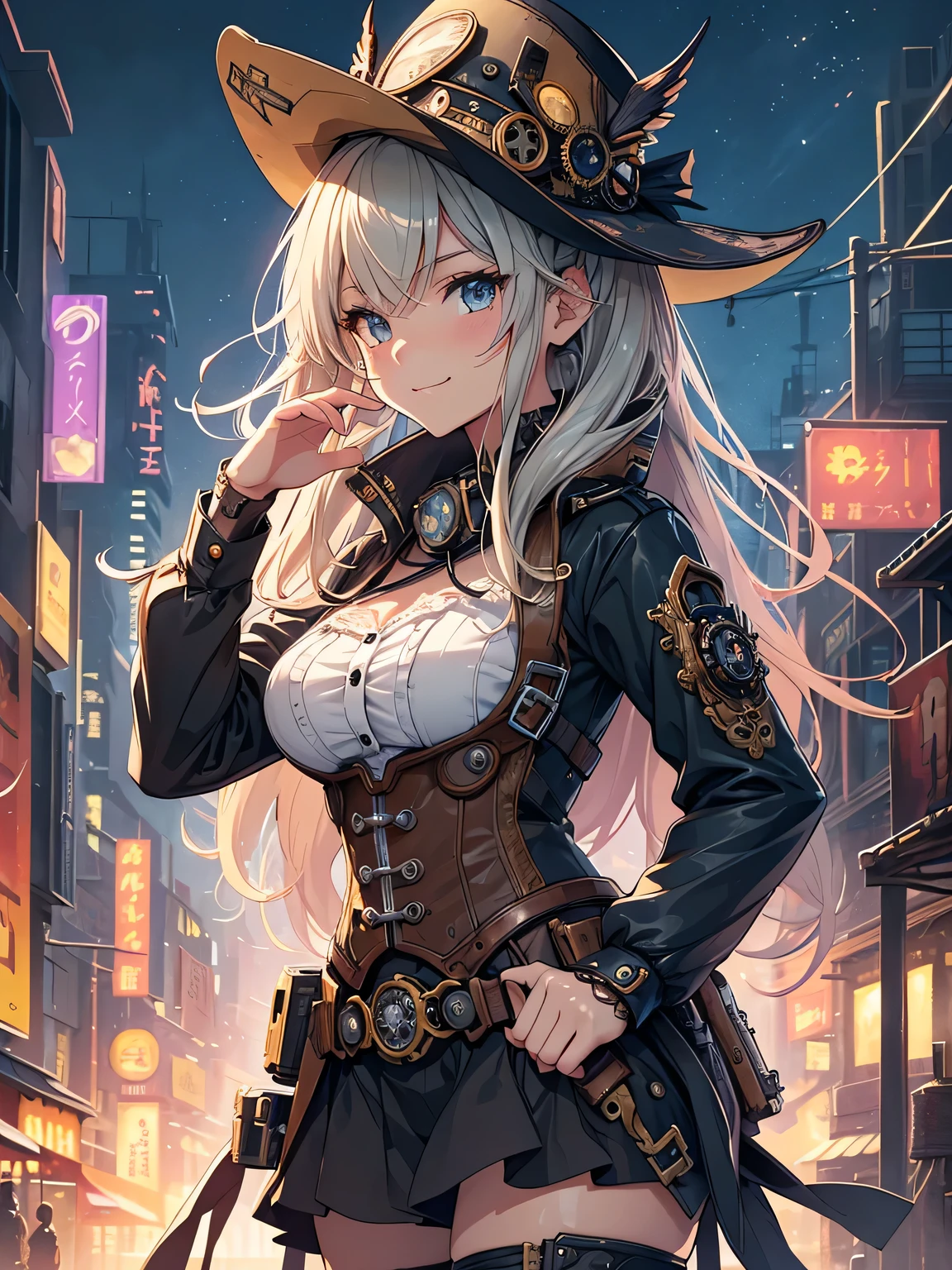 (Line art_anime),(Cowboy Shot,Low Angle, highest quality, ),(Laura Budd Photos:1.2),(Laura Add details:1.0),8k, Flat Color:0.8,1 girl,smile,(Highly decorative and complex mechanical steampunk fashion, Lace flare dolphin hat、goggleachinery background、Gear background、An elaborately mechanized steampunk cityscape 1.5),Cute pose,